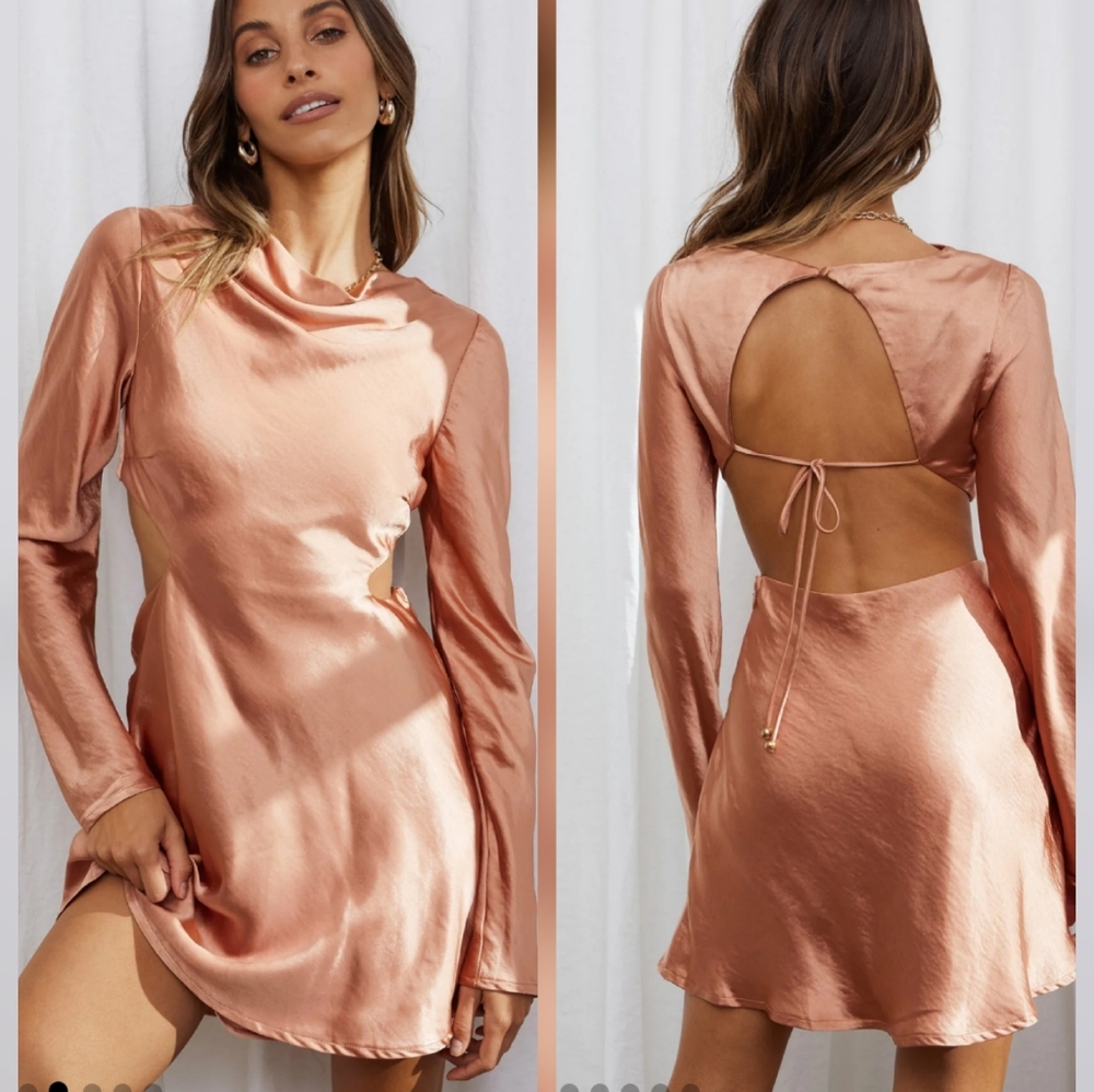 Selfie Leslie Northern Lights Long Sleeve Open Back Satin Mini Dress Bronze